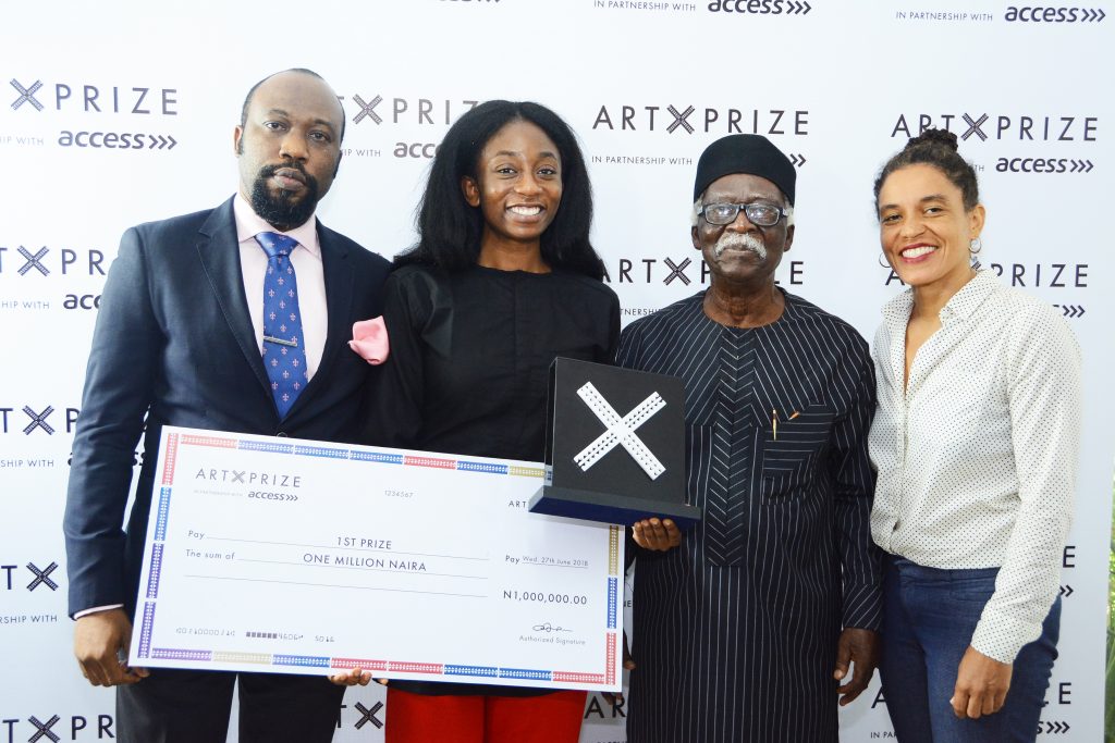 L-R: Oliver Enwonwu, Jury Member, Bolatito Aderemi-Ibitola, Winner, 2018 Art X Prize with Access, Ben Onobrakpeya and Wura-Natasha Ogunji, Jury Member. 