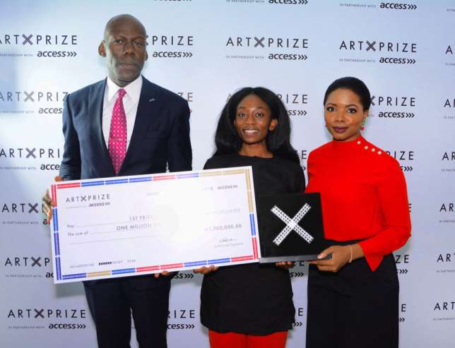 L-R: Amaechi Okobi, Group Head, Corporate Communications Access Bank, Bolatito Aderemi-Ibitola, Winner 2018 Art X Prize with Access, and Tokini Peterside, Founder and Director, Art X Lagos. 