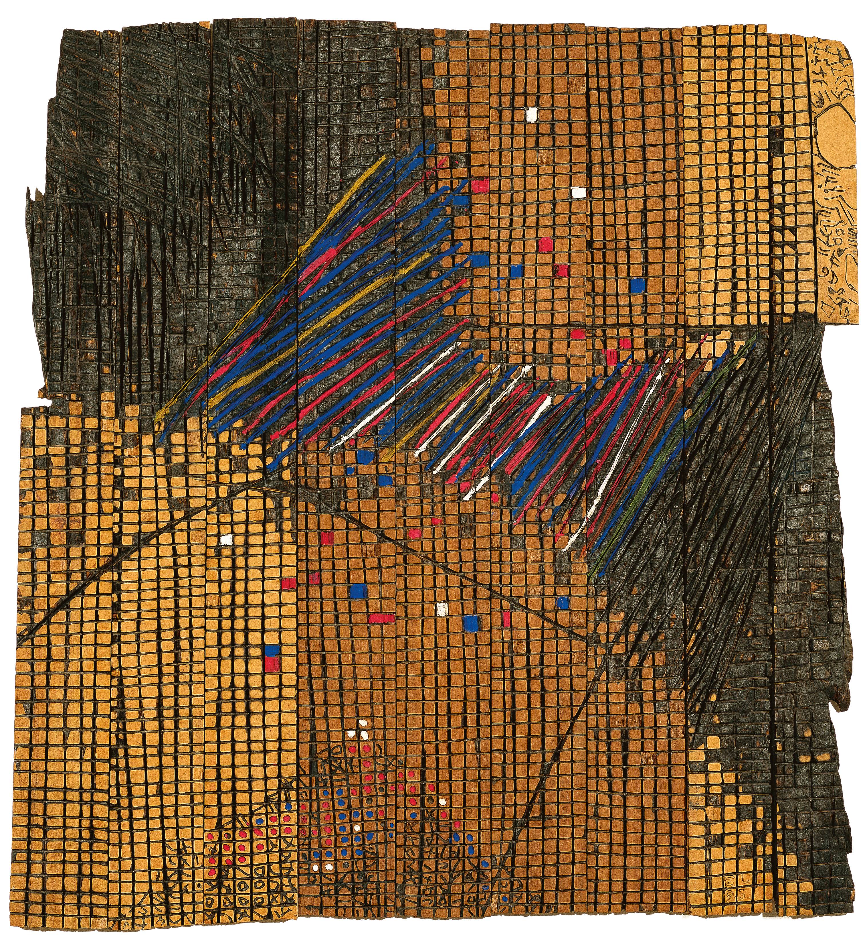 El Anatsui, "Earth-Moon Connexions", 1993, wood, tempera, 35.4 x 33.2 x 1.2 inches (90 x 84.4 x 3 cm). Collection of the Smithsonian National Museum of African Art, Washington, DC