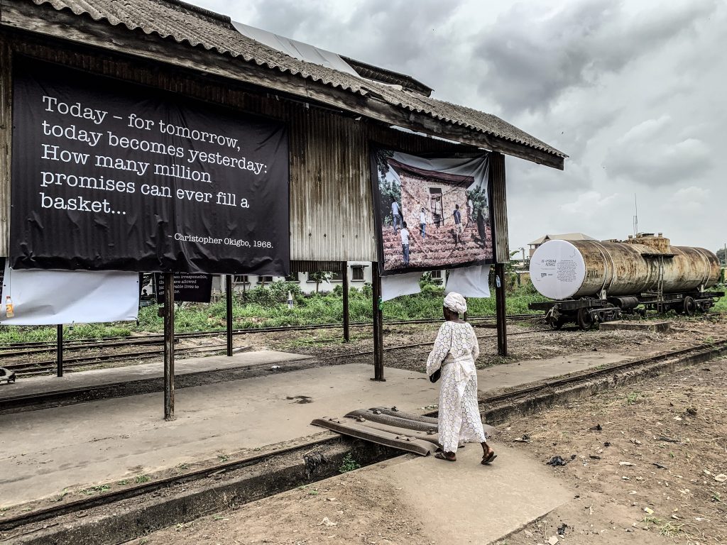 Re-imaging Futures: A Trans-Nigerian Conversation exhibition by Innocent Ekejiuba and Yinka Elujoba of Invisible Borders at the Nigerian Railway Corporation yard, Lagos. Image credit: Emeka Okereke 