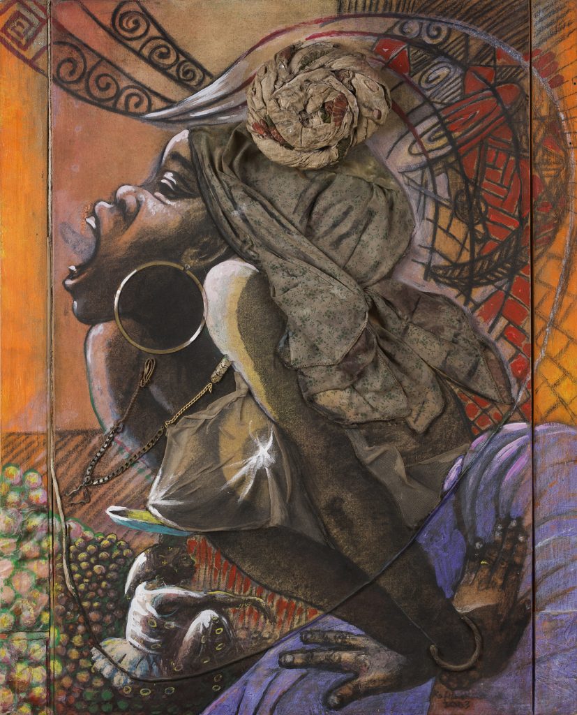 Kofi Dawson, Market Queen (2003), acrylic paint, fabric and found objects. Courtesy Nii Odzenma for SCCA Tamale 