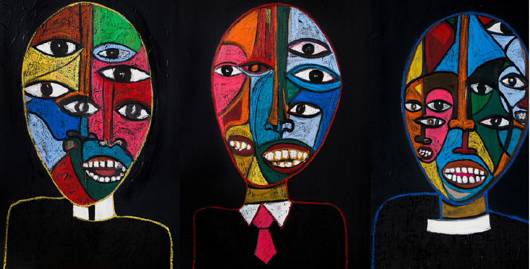 Victor Ehikhamenor, "Revered Dream Sellers of Lagos", 2019, Oil on Canvas (Triptych). Courtesy, Rele Gallery