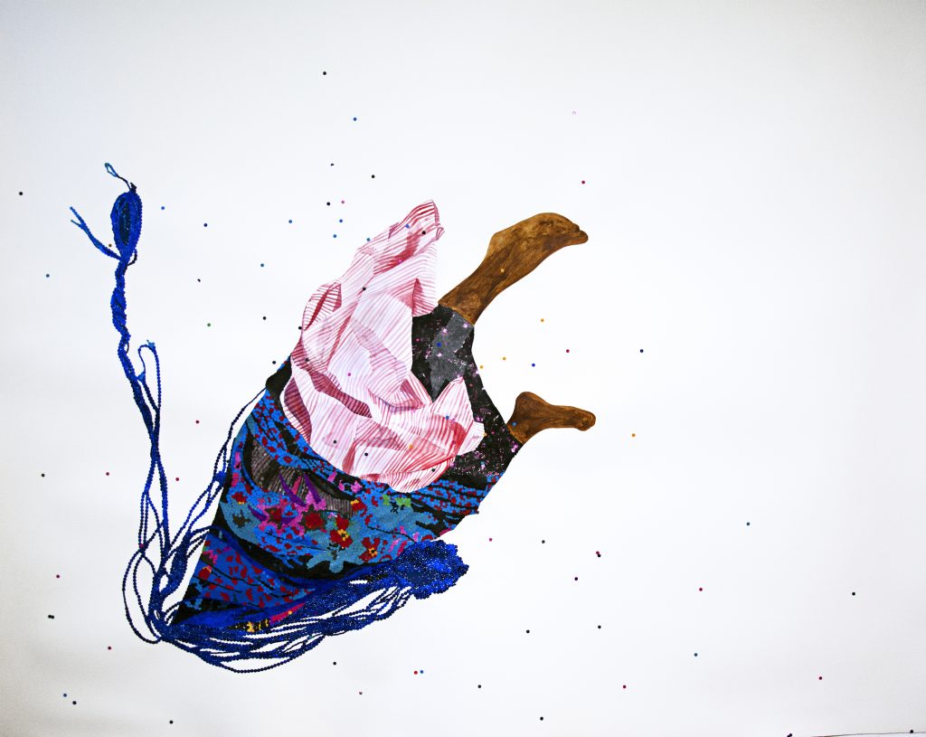 Ngozi Schommers, My Head Under, perforated paper, sequin, design paper, watercolour, ink on watercolour paper, 150x180cm. Courtesy of the artist