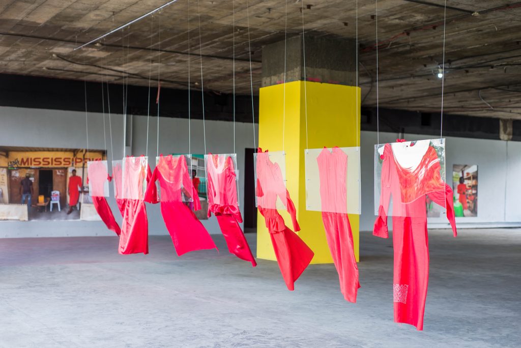 Raul Jorge Gourgel and Sandra Poulson, "Plastic Broken Chairs, Juxtaposed", 2019, garment installation.