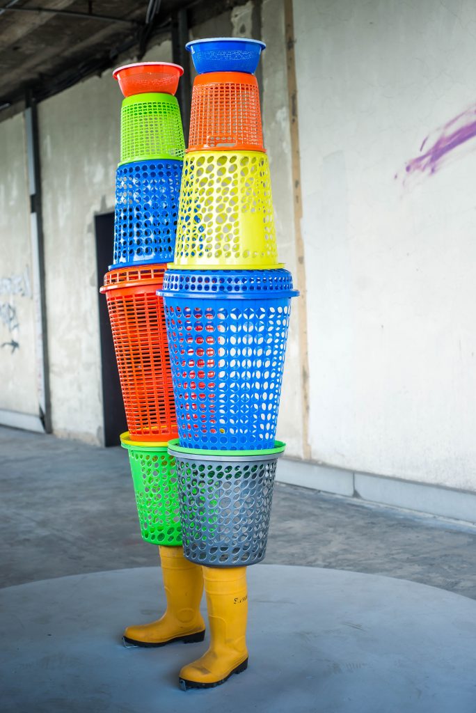Pedro Pires, "Container/urban", 2019, concrete, plastic baskets and rubber boots