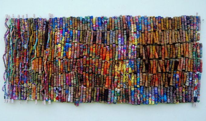 Eva Obodo, Dress Up, 2016, jute, cloth, threads, dye, tempera, acrylic - 175 x 92 x 10