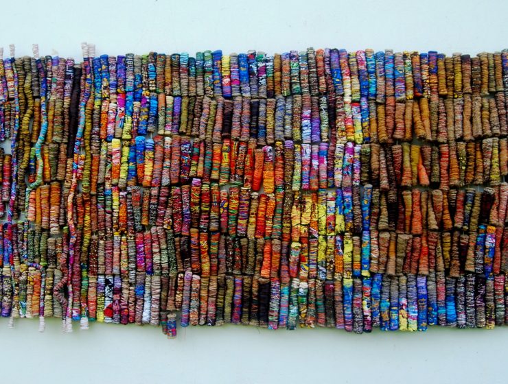 Eva Obodo, Dress Up, 2016, jute, cloth, threads, dye, tempera, acrylic - 175 x 92 x 10