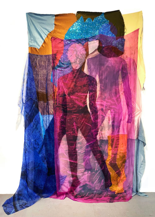 Ambrose Murray, 'Shadowman', 2020, Sequins, found clothing, overlain with hand-dyed silk organza, and blue digital print of trees on organza 110 x 70 in 279.40 x 177.8. Courtesy of Fridman Gallery