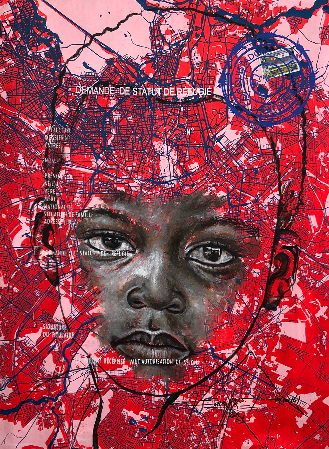 Jean David Nkot, 'www.look of hopes@.com #1', 2021, acrylic, posca and silkscreen printing on canvas. Courtesy of AFIKARIS Gallery