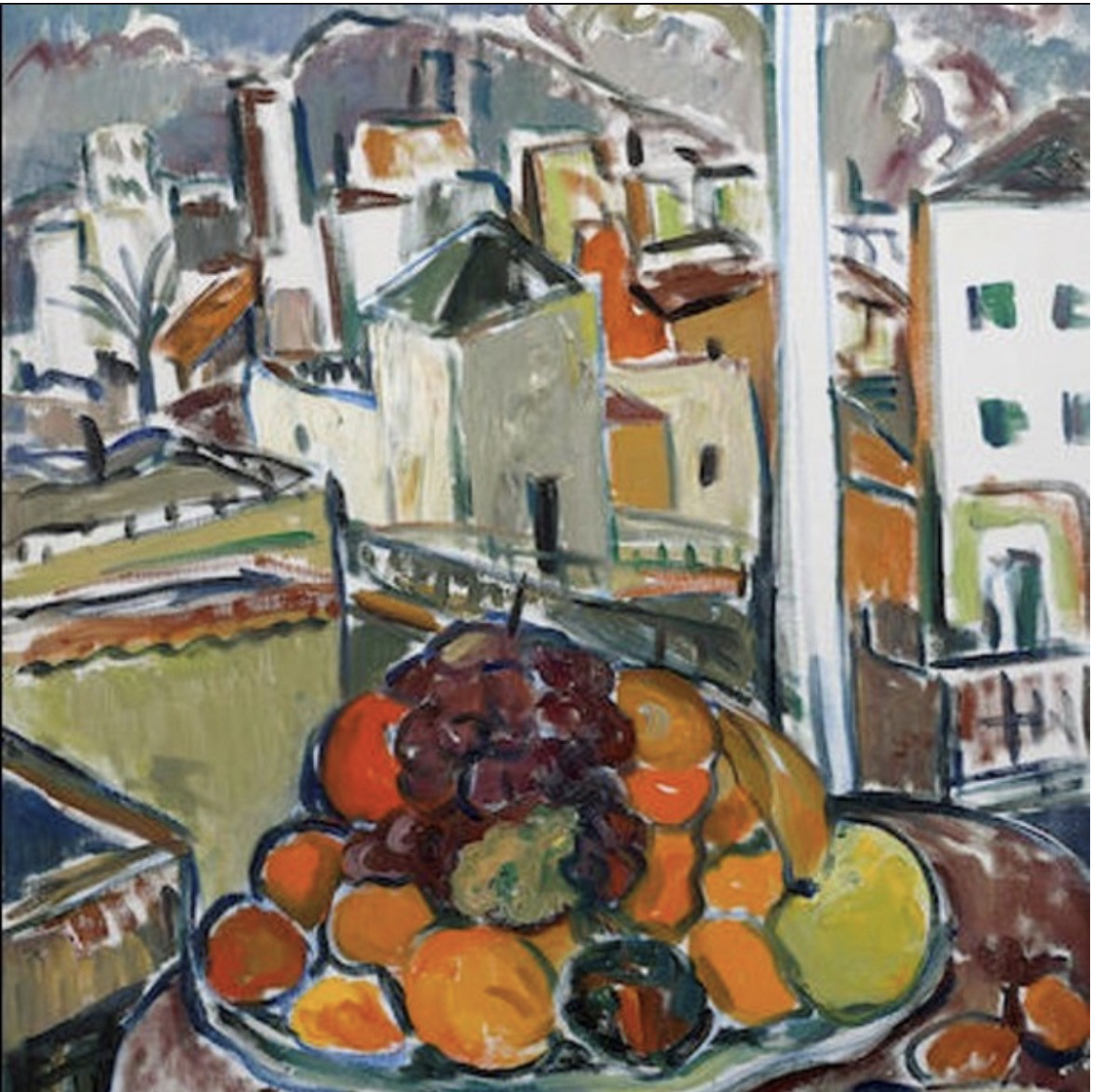 ARTSPLIT Irma Stern, 'A Still Life of Fruit with A Spanish City Beyond', 1962, oil on canvas. Courtesy of ARTSPLIT