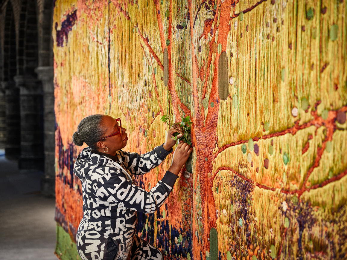 Otobong Nkanga during the installation of works at St John's Hospital. Courtesy of Musea Brugge
